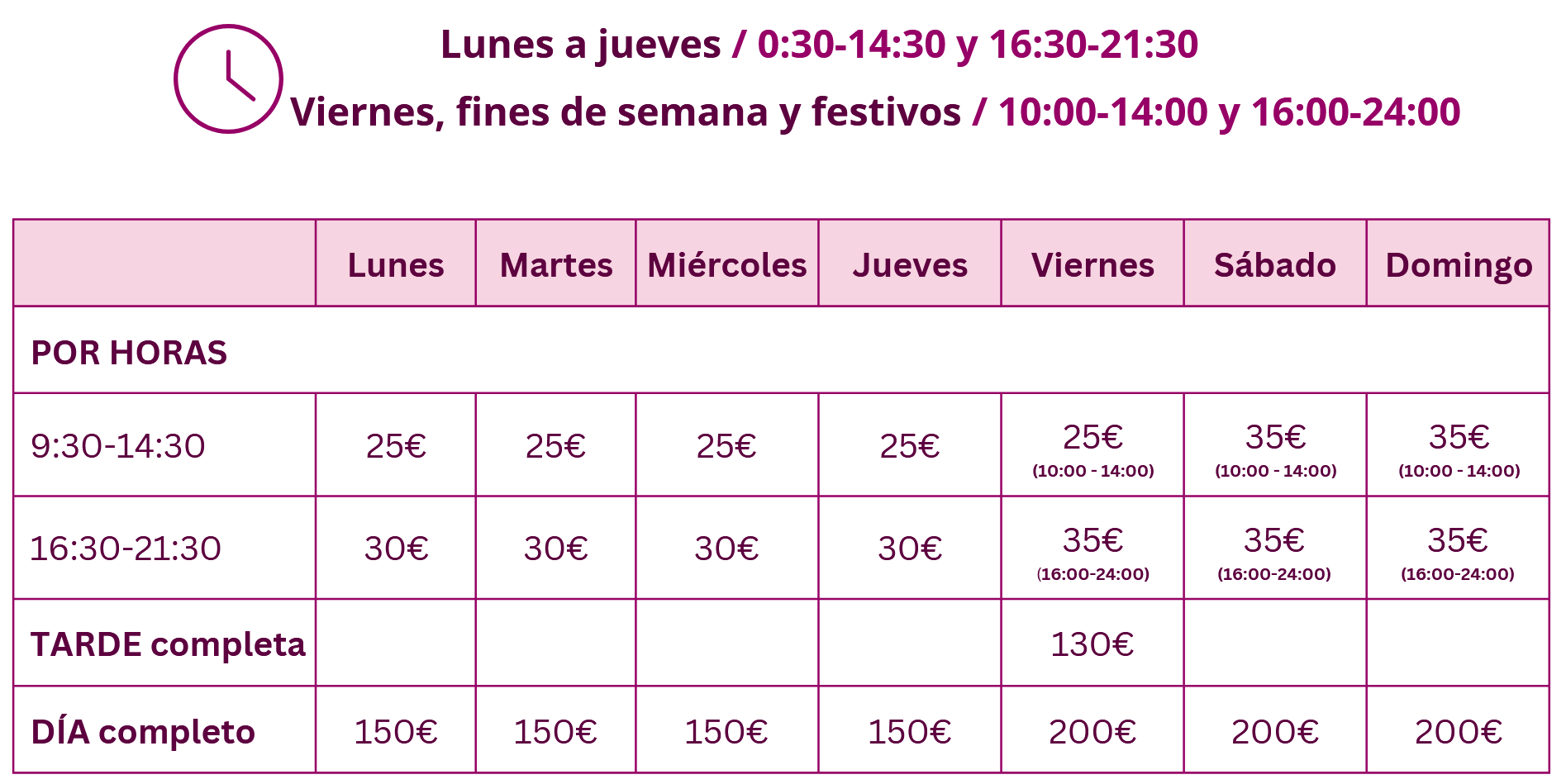 Precios por hora